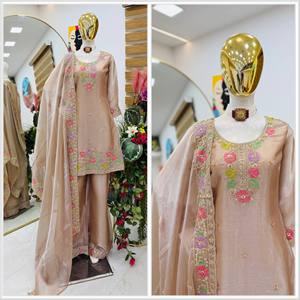 Ensemble Salwar Kameez Choli traditionnel indien brodé de fleurs beiges, vêtements ethniques pour femmes, tenue cousue en 3 pièces pour mariage XXL - Product Image 6