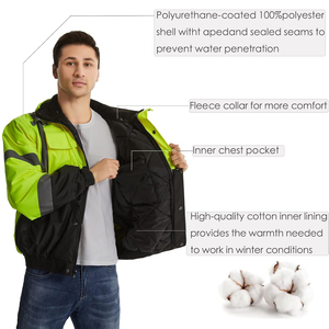 Blouson bomber à capuche haute visibilité pour homme, avec bandes réfléchissantes, vêtement de travail imperméable, épais, en polyester, avec poches - Product Image 5