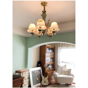<b>Mid</b> <b>Century</b> Vintage Bronze <b>Chandelier</b> with Three Floral Glass Shades Arch Shape Lighting Fixture Decorations - Product Image 1