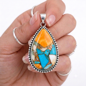 Pendentif Goutte d'Eau en Argent Sterling 925 avec Pierre Naturelle Turquoise, Quartz Rose, Œil de Tigre, Sertissage clos, Breloque - Product Image 5