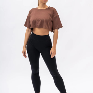 Camiseta Corta Personalizada para Mujer, Color Marrón, Algodón, Corte Ajustado, Manga Corta, Lisa, Informal, para Gimnasio, Verano, Satinada - Product Image 5