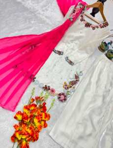Designer Party Wear Embroidered And Moti Work Roman Glass Silk <b>Top</b> With Bottom And Dupatta Fully Stitched Ready Made Set - Product Image 6