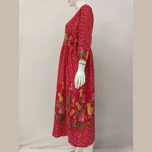 Robe d'été pour femmes, longueur genoux, manches longues, col rond, tissu en rayonne, motif floral, coupe ample, par Chrysanta - Product Image 4