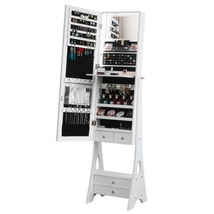 Armadio Portagioie Bianco a Specchio Completo con 2 Grandi Cassetti, Stile Pavimento in Legno, Organizzatore con Striscia Luminosa Naturale - Product Image 4