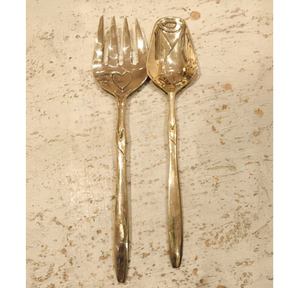 Ensembles de saladiers en laiton motif rose et fourchettes, ensemble de saladiers en laiton poli miroir, couverts décoratifs indiens faits à la main - Product Image 1