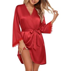 Robe en satin de soie pour femmes, kimono court, manches 3/4, dentelle, peignoir avec poche, vêtements de nuit, printemps - Product Image 1