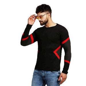 T-shirt à manches longues noir pour homme avec bordure contrastée rouge, coupe ajustée, col rond, haut tricoté décontracté - Product Image 3