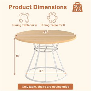 Table à manger ronde naturelle de 47 pouces pour 4 à 6 personnes, design luxueux léger avec base en métal en forme de sablier assemblée et plateau incurvé - Product Image 5