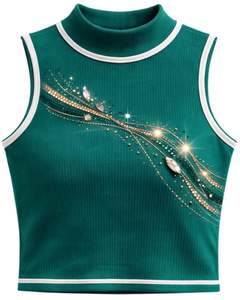 Débardeur côtelé vert émeraude personnalisé pour femme avec rayures en strass, sans manches, été, fabrication sur mesure - Product Image 1