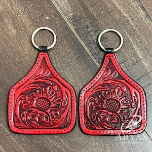 Porte-clés en cuir véritable artisanal, motif floral, style western, multicolore, pour clés de voiture, vente en gros - Product Image 1