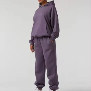 <b>Women's</b> <b>Purple</b> 2 Piece Hooded Sweatshirt Set Full Length Loose Fit Casual Solid Color Fleece <b>Tracksuit</b> All Seasons - Product Image 3