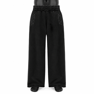 Pantalon de survêtement décontracté noir pour homme, taille élastique, poches latérales, coupe droite, léger, tissé, 100 % coton, écologique, respirant - Product Image 1