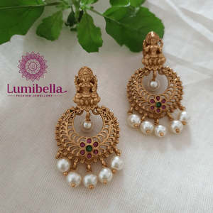 Small Pearl Lakshmi Chandbali Hoop Drop Stud Earrings for Party - Product Image 1