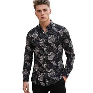 <b>Black</b> Grey Tropical Leaf Printed <b>Mens</b> Long Sleeve <b>Shirt</b> Button Down <b>Slim</b> <b>Fit</b> Casual Fashion <b>Shirt</b> for Party Holiday Daily Wear - Product Image 1