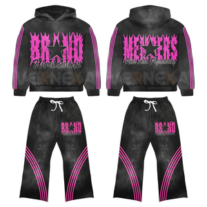 Oem Manufacturer Black <b>Pink</b> <b>Tracksuit</b> Hooded Sweatsuit Flare Pants <b>Set</b> Sporty Streetwear Screen Printing Piping Design <b>Set</b> - Product Image 1