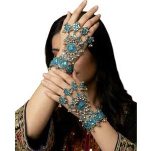 Exquisite Elaborate Traditional Tribal Wedding Gift Hand Jewelry <b>Set</b> Featuring Deep Luminous Blue Pearl Oval Beads Strung - Product Image 1