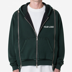 Sweat-shirt à capuche zippé vert foncé pour homme, 100 % coton French Terry, coupe oversize, double fermeture éclair, logo frontal, décontracté, pour l'automne - Product Image 4