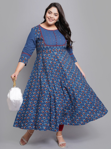 Blue Cotton Pintucks Anarkali Kurti With Floral <b>Print</b> Round Neck And Three Quarter Sleeves For Plus Size Women's Wear - Product Image 1