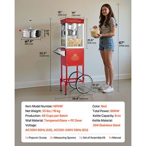 Macchina per Popcorn Commerciale in Acciaio Inox da 8oz, Stile Cinema, 48 Tazze per Batch, Carrello per Popcorn 800W - Product Image 3