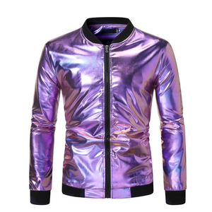 Wholesale Breathable Windproof Canvas Versity <b>Jacket</b> Men Casual Stand Collar Zipper Shiny Rainbow Front <b>Glitter</b> Print Autumn - Product Image 3