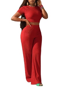 Nouvel ensemble décontracté tricoté : Haut uni respirant à manches courtes et pantalon ample à jambes larges pour le streetwear - Product Image 3