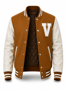 Chaqueta Varsity Unisex Marrón con Mangas Blancas, Letra V Bordada en el Frente, Estilo Preppy, Cuello Camisero, Casual de Invierno, Patchwork - Product Image 2