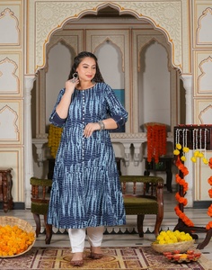 Women's Plus Size Cotton Anarkali Kurti Blue Tie And <b>Dye</b> Printed Round Neck Three Quarter Sleeves Comfortable Wear - Product Image 5
