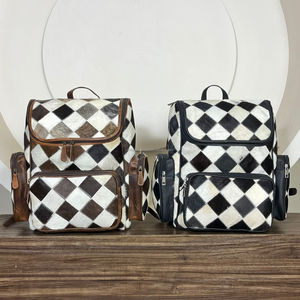 Designer Checkered Patchwork Pattern Genuine Cowhide <b>Leather</b> <b>Backpack</b> Western Style Luxury Manufacturing Bag Perfect for Unisex - Product Image 4