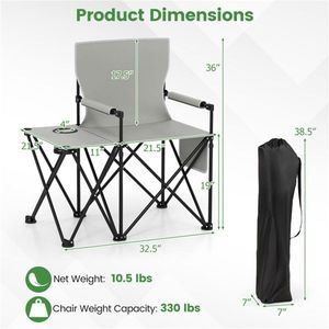 Oversized <b>Foldable</b> <b>Camping</b> Chair with Side <b>Table</b> and Cup Holder 330 LBS Capacity Gray for Outdoor Use - Product Image 4