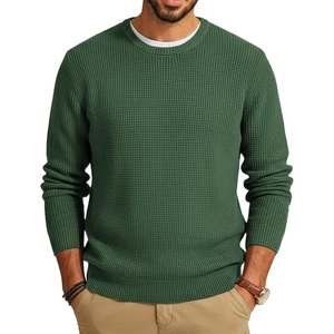 Pull à col rond vert pour homme, manches longues, tricoté, couleur unie, 100% coton, vêtements d'hiver, anti-boulochage - Product Image 1