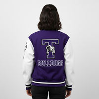 Veste universitaire vintage personnalisée pour homme, couleur violet, avec patch en chenille, manches en cuir, coupe ample, style baseball, vente en gros