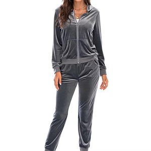 Women's Gray <b>Velour</b> Eco-friendly 100% Cotton <b>Tracksuit</b> Hooded Drawstring Full Sleeve Casual Jogger Pants Set Solid Color Winter - Product Image 4