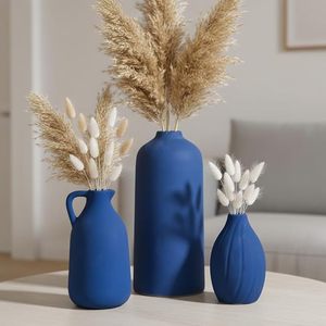 Vase à fleurs en porcelaine bleue scandinave, récipient décoratif de table, finition émaillée, moderne, durable, décoration intérieure - Product Image 3