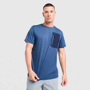 Mens Blue Zipper Pocket Crew Neck <b>T</b>-<b>Shirt</b> Short Sleeve Active Sportswear Cotton Top Custom Logo OEM ODM Wholesale Apparel - Product Image 3