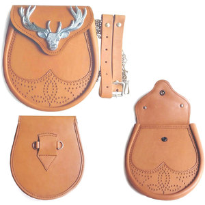 Tan Color Vegan Faux Leather Sporran Stag Emblem <b>Chain</b> <b>Belt</b> Strap for Traditional Highland Scottish Outfit - Product Image 2