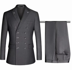 Costume de smoking pour homme en polyester bleu foncé respirant, coupe ajustée, double boutonnage avec revers et nœud papillon noirs, tenue de mariage formelle - Product Image 5