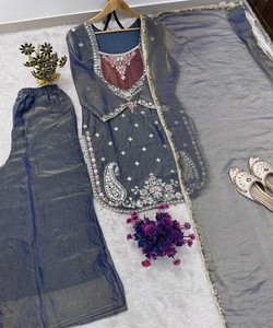 Ensemble de dupatta en soie brodée bleue vintage indienne traditionnelle pour femmes, longueur normale, coupe régulière, séchage rapide, tenue ethnique pour mariage - Product Image 3