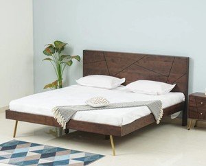 Midcentury Modern Platform <b>Bed</b> <b>Queen</b> <b>Size</b> Solid Mango Wood Frame With Geometric Headboard And Metal Legs Assemblable Design - Product Image 1