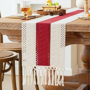 Runner da Tavolo Natalizio da 72 Pollici con Nappe in Macramè e Iuta, Decorazione Rustica Boho per la Casa, Stile Fattoria, Tovaglia Rossa - Product Image 3