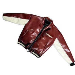 Chaqueta cortavientos con capucha de cuero de retazos bordada de chenilla con logotipo personalizado para hombre, bombardero de béisbol OEM estilo universitario con cuello levantado - Product Image 1