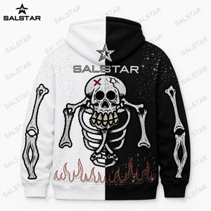 Sweat-shirt à capuche zippé pour homme, style gothique, noir et blanc, squelette, broderie strass, streetwear, mode - Product Image 4