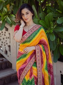 Sari indien traditionnel en soie NiMa Creations pour femme, longueur ras du sol, broderie multicolore, imprimé, tenue de mariage, coupe classique - Product Image 3
