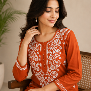 Kurti indien exclusif en georgette Chikankari – Robe longue ethnique orange brodée de fleurs pour femmes, tenue de fête - Product Image 3