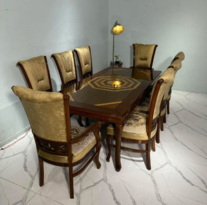 Traditional 8-seater European <b>dining</b> table <b>set</b> featuring geometric wood inlay tabletop and plush tufted <b>chairs</b>, at wholesale. - Product Image 1