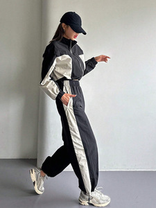 Conjunto Deportivo Casual de Dos Piezas para Mujer, Chaqueta de Manga Larga y Pantalones Anchos con Bloques de Color, Antiestático, Spandex/Poliéster - Product Image 4