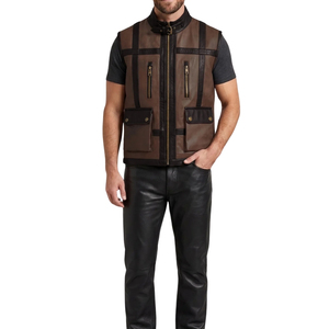 Chaleco de cuero genuino para hombre, color marrón, con bloques de color, cuello alto y cremallera, estilo motero - Product Image 1