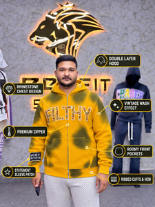 Sudadera con capucha y cremallera para hombre, estilo urbano oversize, de forro polar, con pedrería, diseño de logotipo frontal y estampado tie-dye amarillo y verde - Product Image 1