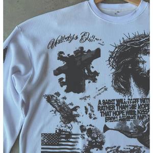 Camiseta de Alta Calidad 100% Algodón, Estilo Waffle, Corte Cuadrado, Impresión DTG, Streetwear para Hombre, Personalizada, Talla Grande, Térmica, Manga Larga - Product Image 3