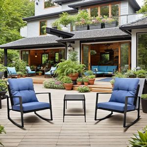 Set Bistrot da Esterno a 3 Pezzi con Cuscini Blu, Sedia a Dondolo per Giardino, Cortile e Bordo Piscina - Product Image 1