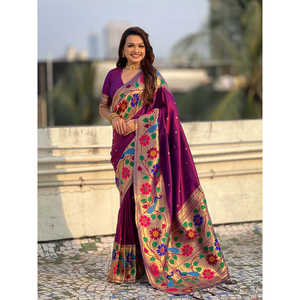 Sari Étnico Tejido con Hilo Zari de Seda Paithani con Borde Grande de Elite Weaves, Color Vino, para Mujer, 650 g - Product Image 6